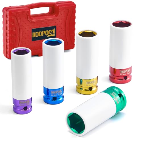 KOOPOOL 1/2" 5-Pc Lug Nut Socket Set 15-22mm Thin Wall w/Sleeve | 5-pc metric 15-22mm lug nut socket set. Non-scratch nylon sleeve. Cr-Mo steel, color electroplate. Thin wall, color-coded - color: Red
