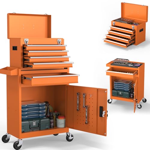 5-Drawers Tool Chest, 2-in-1 Rolling Tool Box with Wheels and Drawers, Detachable Storage Toolbox with Lock, Heavy-Duty Metal Tool Cart for Garage, Workshop (Orange) - color: Orange