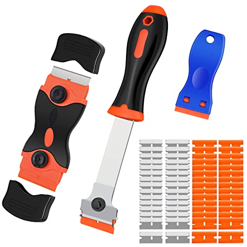 3 Pack Razor Blade Scraper Tool, with 50 Plastic & 30 Metal Razor Blades | Cleaning Scraper for Removing Label, Registration Sticker, Tint, Grease from Windshield, Appliance, Glass