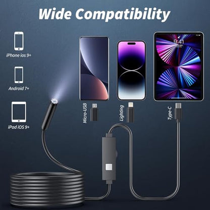 Endoscope Camera with Light,1920P HD Borescope Tools with 8 Adjustable LED Lights, Endoscope with Semi-Rigid Snake Camera, IP67 Waterproof Inspection Borescope for iOS and Android-32.8ft Single Lens - size: 32.8ft, style: Single lens