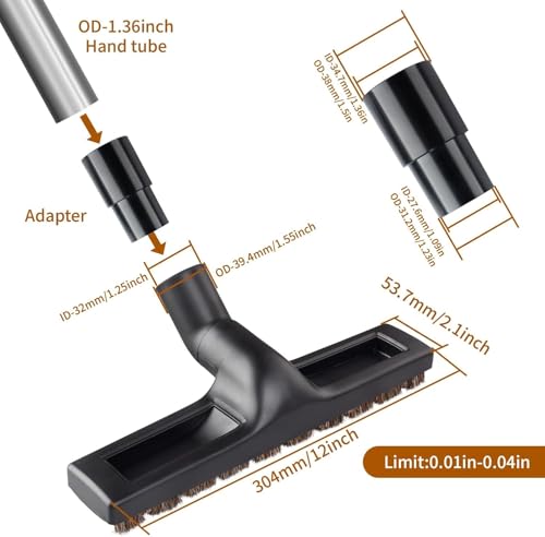 1 Floor Brush + 1 Adapter For Shop vac and Miele and Dyson Vacuum 12Inch | Universal Vacuum Floor Brush Attachments for 32 mm (1 1/4") and 35 mm (1 3/8") Tubes - 14Inch
