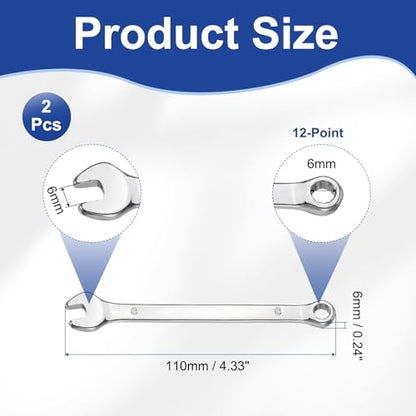 HARFINGTON 2Pcs Combination Wrench 6mm Metric 12-Point Box and Open End 45# Carbon Steel Double Ended Spanner Tool for Automotive Pipe Furniture Machinery DIY Repair, Silver White - size: 6mm