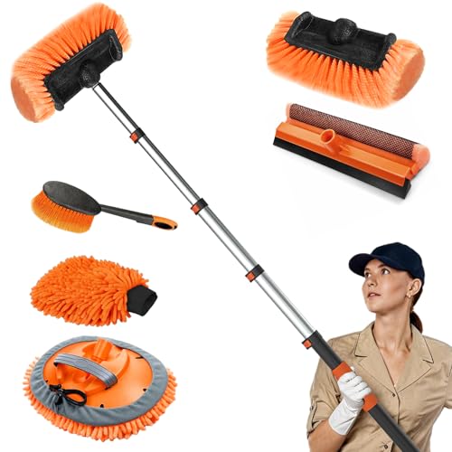 SISUPASSIE 16FT Car Wash Brush with Long Handle, Car Cleaning Brush Kit with Soft Bristle Brush, Solar Panel Cleaning Kit, Window Squeegee, Microfiber Mop, Wheel Brush, Mitt for Truck, RV, Boat
