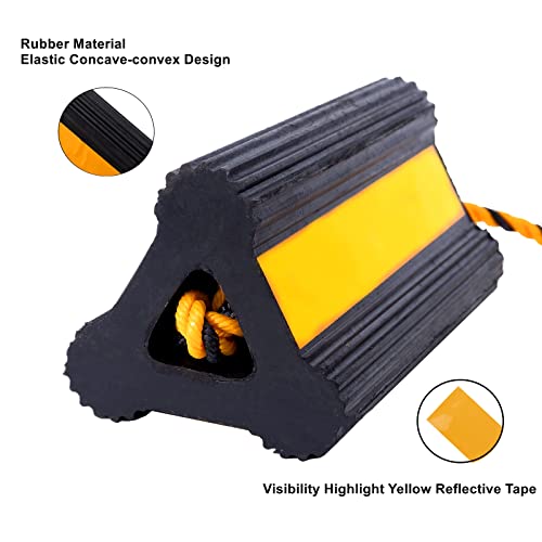 Wheel Chock Heavy Duty Rubber Trailer Wheel Chocks with Yellow Reflective Visibility Tape and Yellow Nylon Rope for Concrete Slopes or Ground Leveling (4 Pack) - color: yellow-4