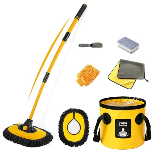 7 in 1 Car Wash Kit with 20L Folding Bucket & Brush, Extendable Car Wash Brush with 40.5" Long Handle, 15° Curved Aluminum Pole, Scratch-Free Microfiber Chenille Mop for SUV Truck RV, Yellow - color: Yellow