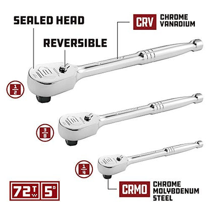 Powerbuilt 642453 152 Piece 1/4-inch, 3/8-inch, and 1/2-inch Drive Mechanics Tool- with SAE and Metric Socket Set, 72 Tooth Seal-Head Ratchet, Automotive Tool Kit, including Case - size: 152 Piece