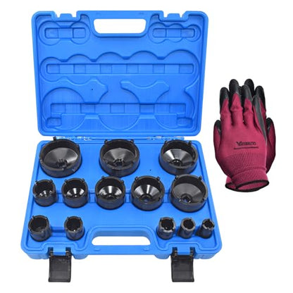 13 PCS Spindle Nuts Socket Kit Ball Joints Axle Locknut Remove Install Locking Hub Socket for KM Groove Nuts, Compatible with GM, Ford, GMC and Dodge, 4 Teeth Exterior with 1/2'' Drive