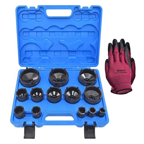 13 PCS Spindle Nuts Socket Kit Ball Joints Axle Locknut Remove Install Locking Hub Socket for KM Groove Nuts, Compatible with GM, Ford, GMC and Dodge, 4 Teeth Exterior with 1/2'' Drive