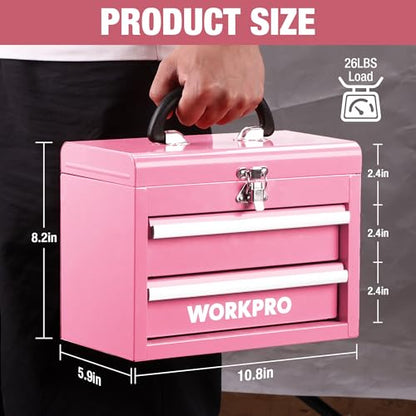 WORKPRO Portable Mini Tool Box, 2 Drawers Metal Tool Chest with Ball Bearing Slides, Top Storage with Latch, Ergonomic Carrying Handle, Toolbox with PVC Liners and PP Feet Pads - Pink Ribbon - color: Pink