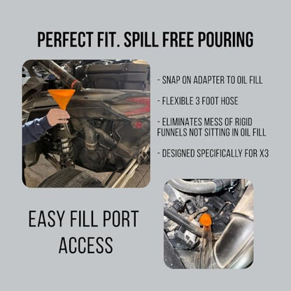 Oil Change Funnel Combo Compatible with Can-Am Maverick X3 – No-Spill Fill with 3ft Flexible Hose & Skid Plate Drain – Clean Maintenance Kit for X3, Turbo RR, Max (Orange, Fill/Drain Combo)