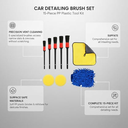 15-Piece Car Detailing Brush Set for Interior Vents, Dashboard Crevices & Console Gaps - Durable PP Plastic Cleaning Tool Kit - size: 5.91 x 3.94 x 0.79 in