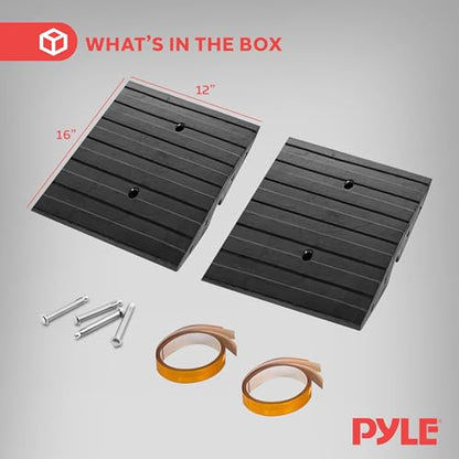 Pyle 1 Ft. Rubber Curb Ramp - Pack of 2 Heavy Duty Non-Slip Threshold Ramps for Driveways & Sidewalks, Yellow Reflective Strips, Marine Grade, Expansion Screws Included, 12.0’’x 16.0’’ x 2.6’’ Inches - color: Yellow, size: Pack of 2