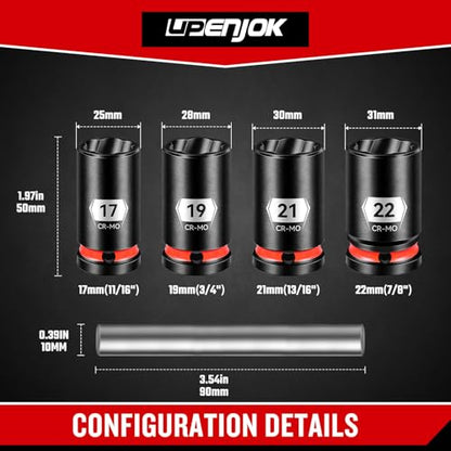 5-Piece 1/2" Drive Lug Nut Remover Tool Set - Bolt Extractor Socket Kit for Stripped & Damaged Nuts (17/19/21/22mm) with Removal Pilot