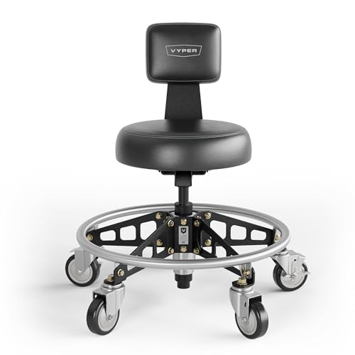 Vyper Elevated Steel Max EZ-Lift Shop Chair with Backrest, Black Legs | Rolling Stool for Workbench Height, 17" - 22.5", 400 lb Capacity, Industrial Casters, Adjustable Ergonomic Mechanic Seat - color: Black