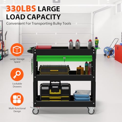 3-Tier Heavy Duty Utility Cart on Wheels, Rolling Tool Cart on Wheels with a Drawer, 350 Lbs Load Capacity Service Cart for Warehous, Garage and Repair Shop (Black&Green) - color: Black&green