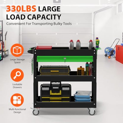 3-Tier Heavy Duty Utility Cart on Wheels, Rolling Tool Cart on Wheels with a Drawer, 350 Lbs Load Capacity Service Cart for Warehous, Garage and Repair Shop (Black&Green) - color: Black&green
