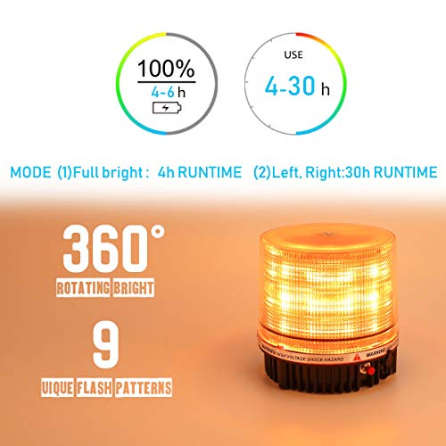 Amber Wireless Rotating Beacon Amber Battery Led Strobe Warning Light | Roof Top Hazard Flash Emergency Safety Lights Magnetic Base Mount and Rechargeable Plug For Plow Tractor UTV Golf Cart - color: Amber