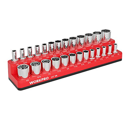 WORKPRO Magnetic Socket Organizer, 1/4-Inch SAE Socket Holder | Hold 26-Piece Sockets, Suitable for Standard and Deep Sockets, Magnetic Base, No Scratches Installation, Socket Not Included - size: 1/4" DR - SAE