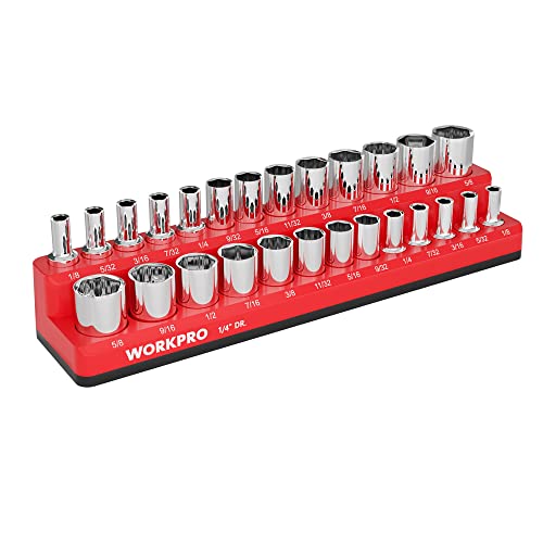 WORKPRO Magnetic Socket Organizer, 1/4-Inch SAE Socket Holder | Hold 26-Piece Sockets, Suitable for Standard and Deep Sockets, Magnetic Base, No Scratches Installation, Socket Not Included - size: 1/4" DR - SAE
