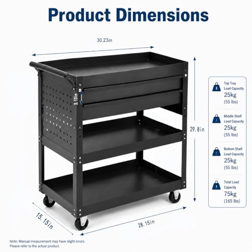 Garvee 30 Inch Rolling Tool Cart on Wheels, 3 Tier Steel Utility Tool Cabinet with 2 Drawer and Casters, Heavy Duty Tool Chest for Garage, Warehouse and Workshop