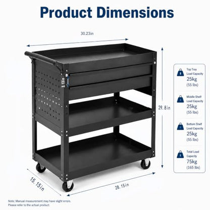 Garvee 30 Inch Rolling Tool Cart on Wheels, 3 Tier Steel Utility Tool Cabinet with 2 Drawer and Casters, Heavy Duty Tool Chest for Garage, Warehouse and Workshop