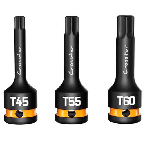 Crosstar T45 T55 T60 Impact Torx Bit Socket Set, 1/2" Drive Cr-Mo Steel, Long High Impact Star Sockets for Automotive & Heavy-Duty Use, Professional Mechanic Tools with Transparent Case - size: T45T55T60 (Long)