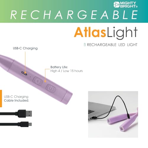 Mighty Bright Atlas Rechargeable Neck Light, 12 LED, 3 Color Temperatures, USB-C Charging Cable Included (Lavender) - color: Lavender