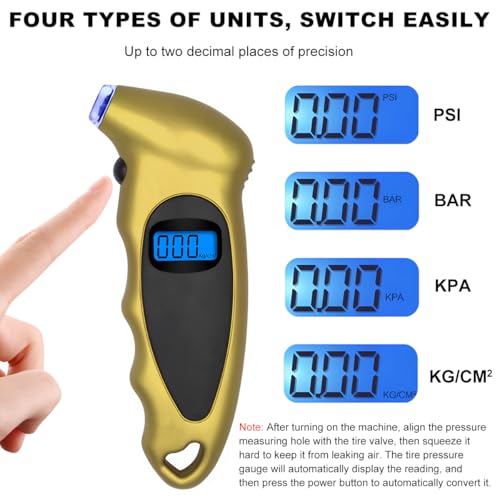 KVAEY Digital Tire Pressure Gauge, 150 PSI 4 Settings Accurate Tire Gauge with Non-Slip Grip, Backlight LCD Tire Pressure Gauge Reader Checker Tool for Car Truck Bicycle Motorcycle (Golden) - color: Golden