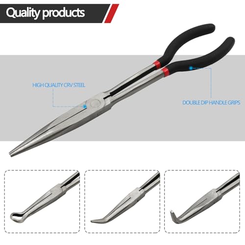 4 Pack 11" Long Nose Pliers Set with Portable Bag, Insulated Grip - Straight Needle Nose, 45/90 Degree Angle Curved & Circle Tools for Wire Bending, Shaping, Trimming - size: 4pcs With Bag