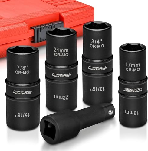 NEIKO 02282B 1/2-Inch-Drive Impact Socket Set, Flip Socket Set, Chrome Moly Steel, Includes 3-Inch Bar Extension, 8 Deep SAE and Metric Sizes, 5 Pieces - size: 5 Piece, style: Flip Socket