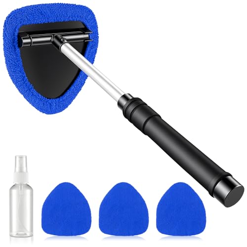 JUSTTOP Windshield Cleaner Tool, Car Interior and Exterior Window Cleaning Kit with Extendable Handle & 4 Reusable Microfiber Pads, Auto Glass Wiper Brush Kit for Car & Home Windows (Blue) - color: Blue