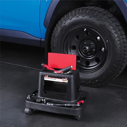 Performance Tool W85026 Multi-Slot Creeper Rolling Work Seat with Storage Tray for Mechanic Garages and Workshops, Black/Red, 18x13.4x12.4-Inches - style: Rolling Work Seat