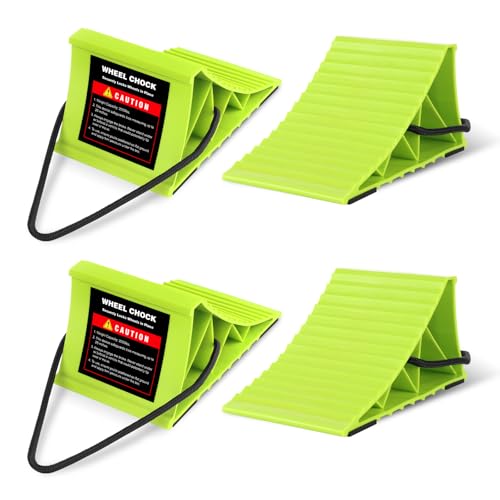 Wheel Chocks 4-Pack, Hard Plastic RV Tire Chocks with Rope for Easy Removal, Non-Slip Wheel Stoppers Block for Trailers, Trucks, Ramps, Workshops and Uneven Ground - color: Green-4 Pack