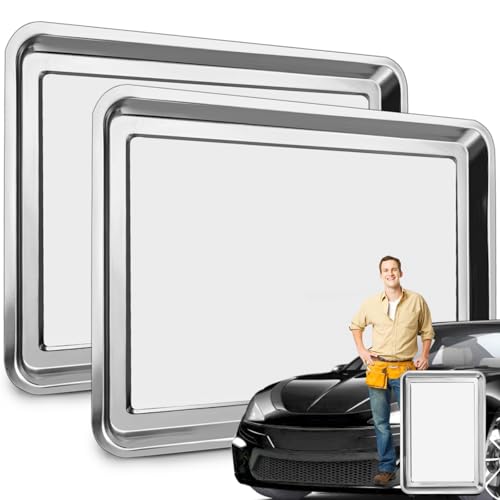 2 Pack Stainless Steel Oil Drip Pan, 27''L x 19''W | Metal Oil Change Tray for Under Car, Large Automative Oil Catch Mat Replacement for Fluid Grease Dripping, Keep Floor Clean