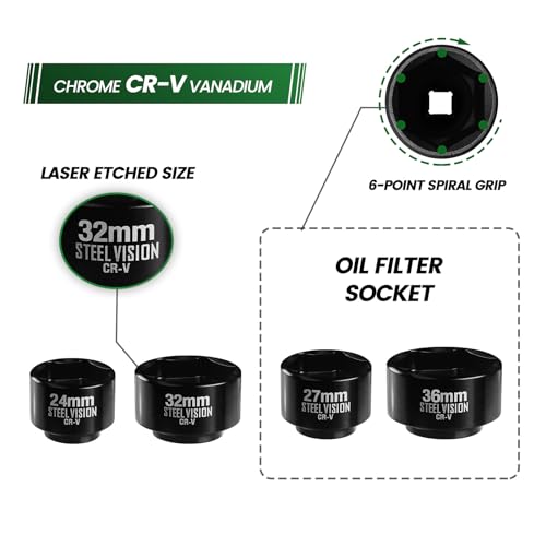 Steel Vision 5-Piece 3/8" Drive Low Profile Oil Filter & Oil Canister Socket Set, Metric 24mm, 27mm, 29mm, 32mm, 36mm, Chrome Vanadium Steel, 6-Point Design, Laser-Etched Markings (Upgraded Style)