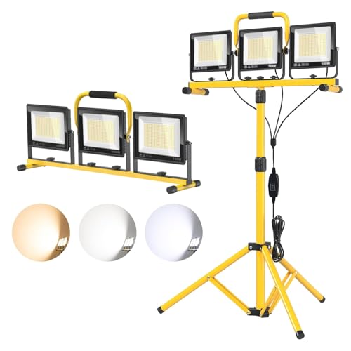 32000LM LED Work Light with Tripod, 3x100W 3-Head Floodlight, Plug-in 120V, 3 CCT 3000K/5000K/6500K, 360° Adjustable, IP66, 43.7-65.4 in, 16.4 ft Cord, Portable Telescoping Stand for Jobsite/Workshop