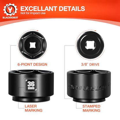 BLACKROBOT 36mm Low Profile Oil Filter Socket, 3/8" Drive 6-Point Oil Filter Cap Remover and Installer Tool, Chrome Vanadium Steel - size: 36mm