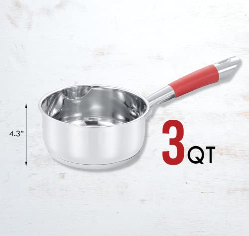 Concord 3 Quart Stainless Steel Saucepan with SIMPLE POUR Vented Glass Lid. Features Dual Pouring Spouts and Volume Marking. Perfect for making Sauces, Jam, Ramen, and more - size: 3 QT