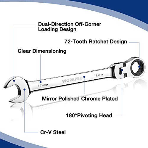 WORKPRO 8-piece Flex-Head Ratcheting Combination Wrench Set, Metric 8-17mm, 72-Teeth, Cr-V Constructed, Mirror Polished Chrome Plated with Roll Up Pouch - size: Metric, style: Mirror Polished