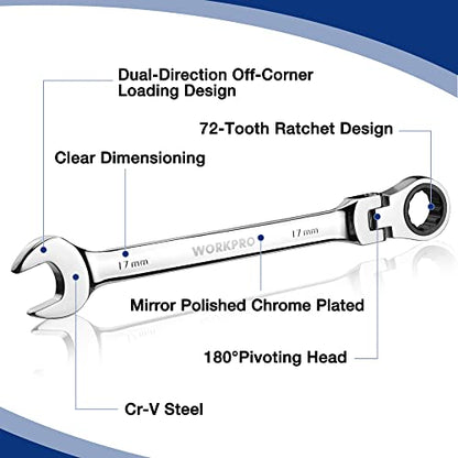 WORKPRO 8-piece Flex-Head Ratcheting Combination Wrench Set, Metric 8-17mm, 72-Teeth, Cr-V Constructed, Mirror Polished Chrome Plated with Roll Up Pouch - size: Metric, style: Mirror Polished