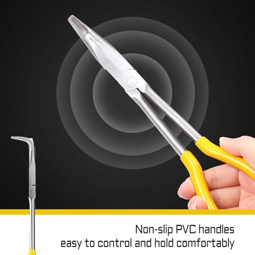 11-Inch Long Reach Bent Nose Pliers with Serrated Jaws 90 Degree Angled Needle Nose Plier Angled Pliers, Long Reach Plier for Hard to Reach Narrow Spaces & Limited Clearance Areas - style: 90 Degree angled pliers