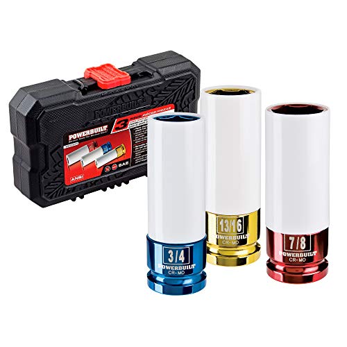 Powerbuilt 3 Piece 1/2 Inch SAE Color Wheel Socket Set, Color Coded Sizes 3/4 Inch,13/16 Inch, 7/8 Inch, 6 Point Socket Nylon Protective Sleeve, Heavy Duty Blow Mold Carry Case, Custom Wheels - 940845 - size: 3/4", 13/16", 7/8"