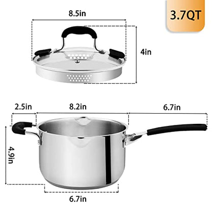Rorence 3.7 Quart Saucepan with Glass Lid: Stainless Steel Sauce Pan with Two Sides Pour Spout & Riveted Silicone Handles & Build-in Strainer Tempered Glass Cover … - size: 3.7 quarts