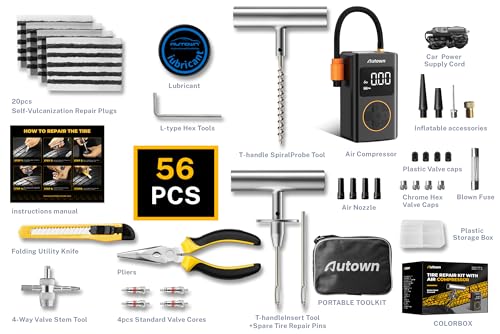AUTOWN Flat Tire Repair Kit with Air Compressor, Professional Tire Plug Kit | 120PSI Portable Air Pump with Auto-Stop & LED, Heavy Duty Emergency Tool for Car, Truck, Motorcycle, SUV, ATV, Tractor, 54pcs