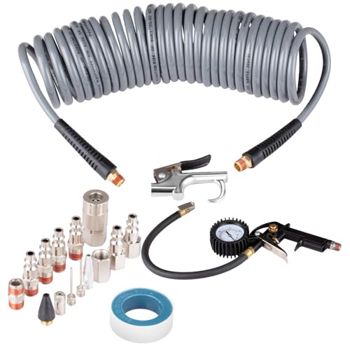 RayMagic 18 Pieces Air Compressor Accessories kit, 1/4 inch x 25 ft Recoil Poly Air Compressor Hose Kit, 1/4" NPT Quick Connect Air Fittings, 150 PSI Tire Inflator Gauge, Heavy Duty Blow Gun, Gray