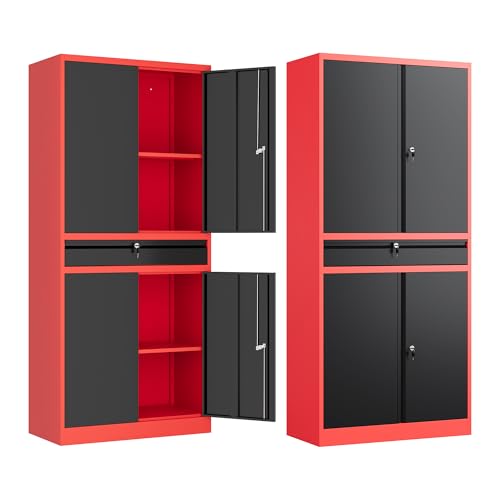 Metal Garage Storage Cabinet with Drawer,4 Door Tool Cabinet with Adjustable Shelves for Garage Home Office Utility Room (Red) - color: Black Red, size: 1 Drawer-No Wheels