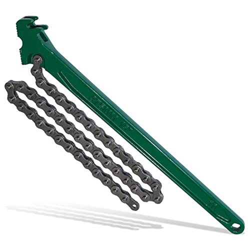 15 Inch Heavy Duty Chain Wrench for Semi Truck, Adjustable Ratcheting Oil Filter Spanner for Tool Pipe Fittings, Universal Drain, Sewer Cap, Shower Head Valve Removal