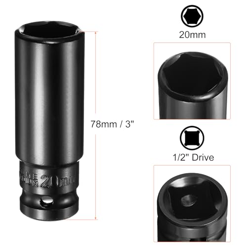 HARFINGTON Deep 6-Point Impact Socket 1/2" Drive 20mm Metric Socket 3" Length with 1/4" Hex Shank Adapter, CR-V Steel Socket Adapter Accessory Tool Set Kit for Hex Bolts Nuts - size: 20mm