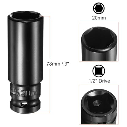 HARFINGTON Deep 6-Point Impact Socket 1/2" Drive 20mm Metric Socket 3" Length with 1/4" Hex Shank Adapter, CR-V Steel Socket Adapter Accessory Tool Set Kit for Hex Bolts Nuts - size: 20mm