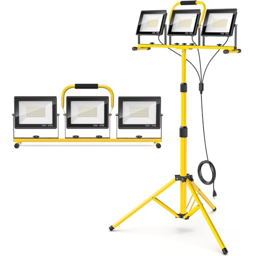 LED Work Lights with Stand: 3 Head Adjustable Work Light with Individual Switch, IP66 Waterproof Foldable Outdoor Tripod Light for Job Site Construction Lighting, Tool Gifts for Men - style: ‎3 Heads